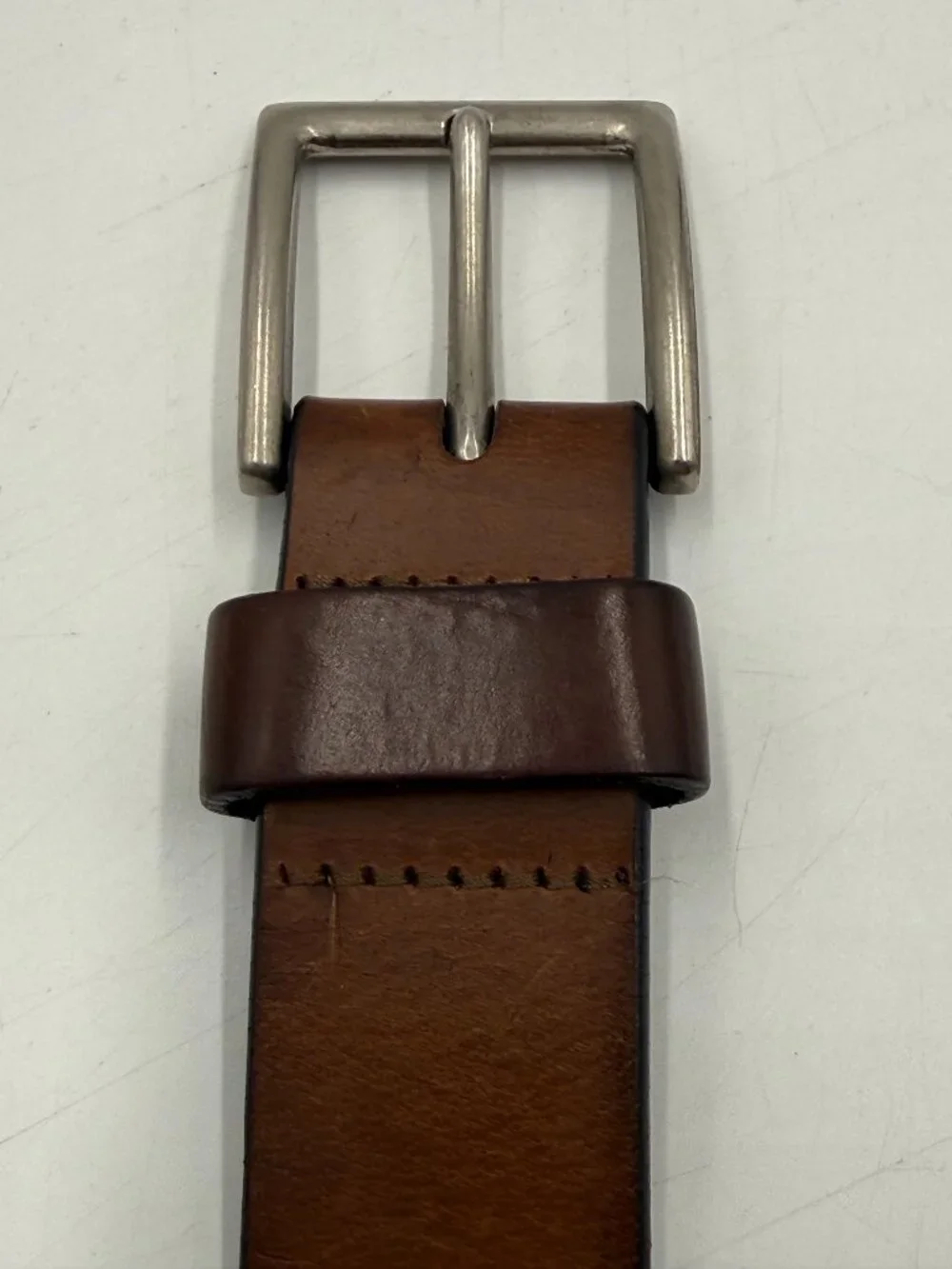 Bison Brown Leather Belt Size 38 Silver Buckle 1 3/8